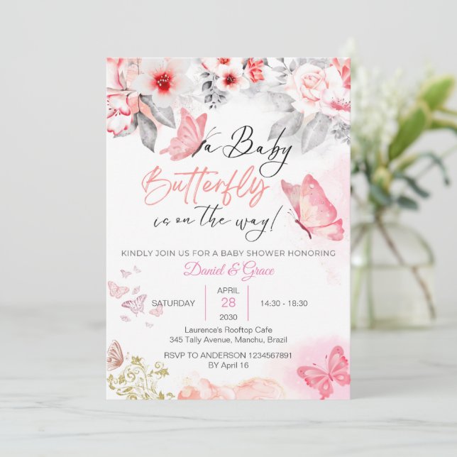 A Baby Butterfly Is On The Way! Custom Baby Shower Invitation (Standing Front)
