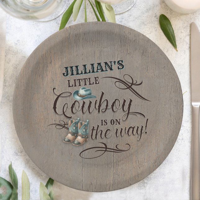 A Baby Cowboy is on the Way Baby Shower  Paper Plate (Wild West Rustic Cowboy Baby Shower Paper Plate)