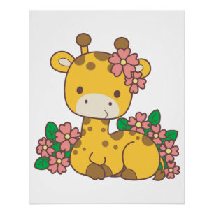 A baby giraffe in the middle of flower garden. poster