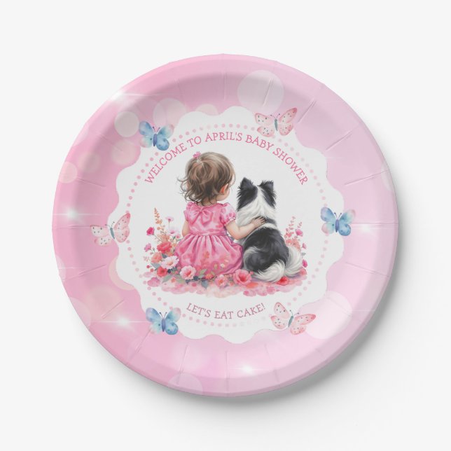 A Baby Girl and her Dog Baby Shower Let's Eat Cake Paper Plate (Front)