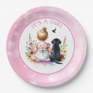 A Baby Girl and her Puppy It's a Girl Paper Plate