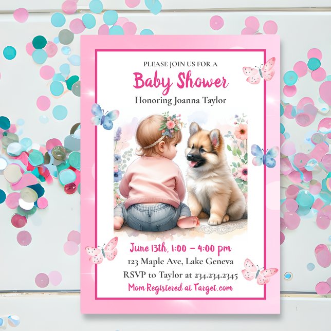 A Baby Girl and her Puppy Pink Baby Shower  Invitation (Creator Uploaded)