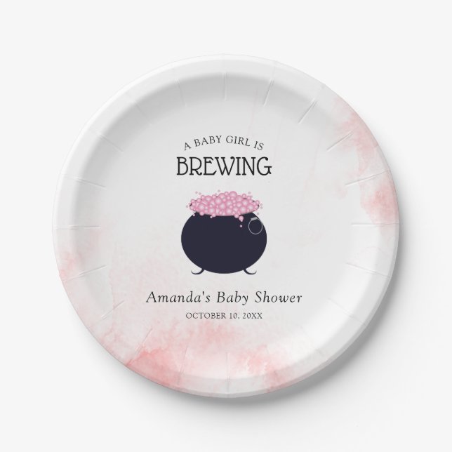 A Baby Girl is Brewing Halloween Baby Shower Paper Plate (Front)