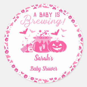A Baby Girl Is Brewing Pink Halloween Baby Shower Classic Round Sticker