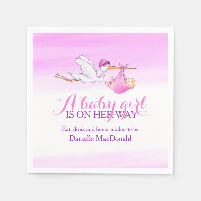 A baby girl is on her way stork napkins (Front)