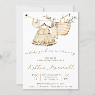 A Baby Girl is on the Way! Clothesline Baby Shower Invitation