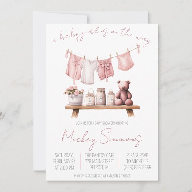 A Baby Girl is on the Way! Clothesline Baby Shower Invitation (Front)