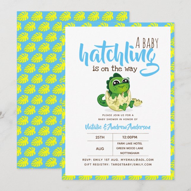 A Baby Hatchling Is On The Way Dinosaur Cute Blue Invitation (Front/Back)