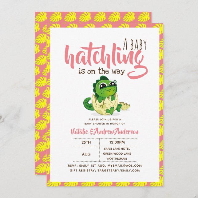 A Baby Hatchling Is On The Way Dinosaur Cute Pink Invitation (Front/Back)