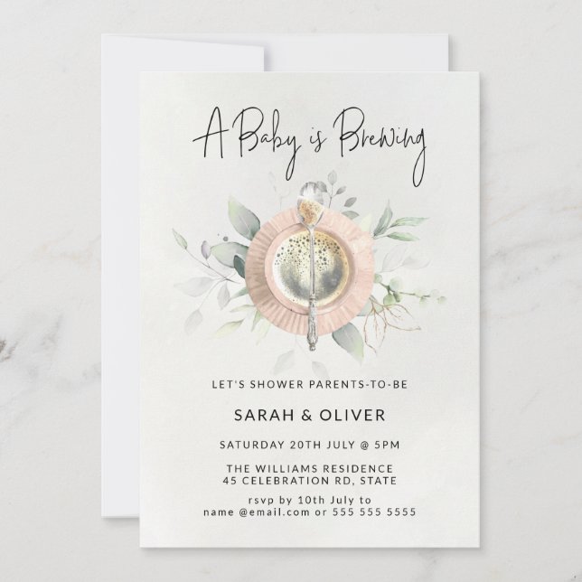 A baby is brewing afternoon tea coffee baby shower invitation (Front)