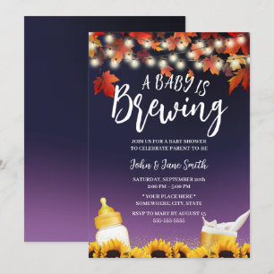 A Baby is Brewing Autumn Leaves Purple Baby Shower Invitation