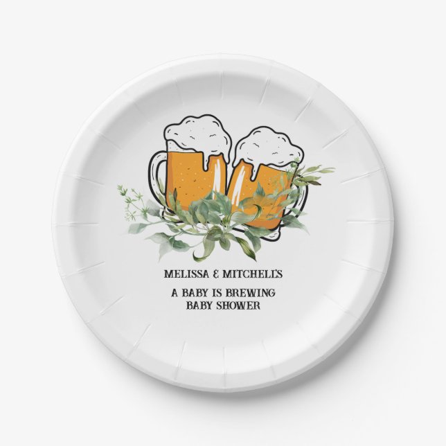 A baby is brewing baby shower dessert paper plate (Front)