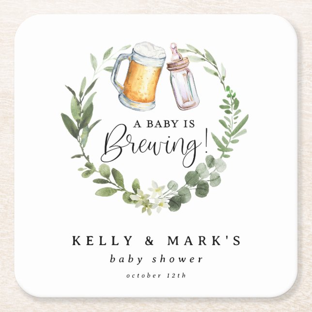 A Baby is Brewing Baby Shower Square Paper Coaster (Front)