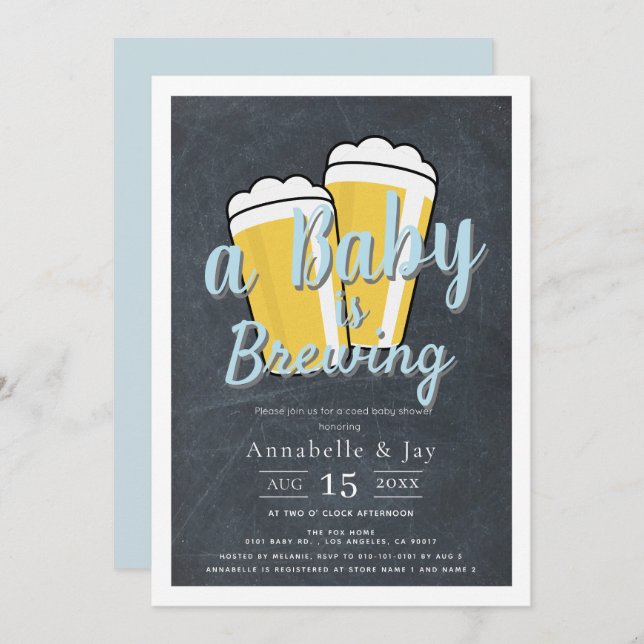 A Baby is Brewing Beer Co-ed Blue Baby Shower Invitation (Front/Back)