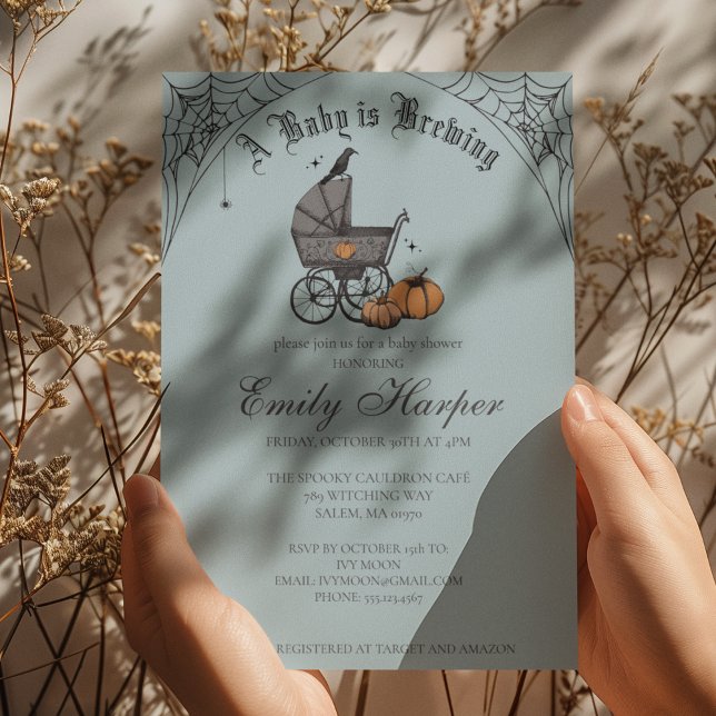 A Baby is Brewing Blue Boy Baby Shower Invitation (Gothic Halloween Baby Shower Invitation in French Blue. Vintage Baby Carriage, Pumpkins, Webs, Raven)