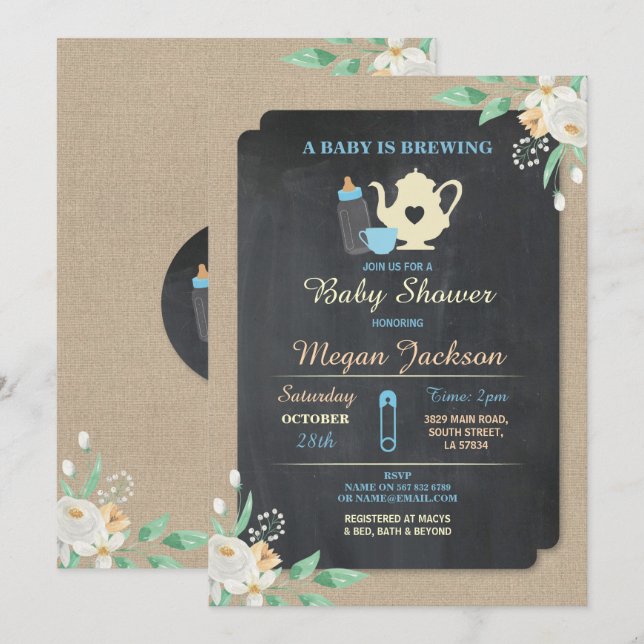 A BABY IS BREWING Blue Boy Shower Teapot Invite (Front/Back)