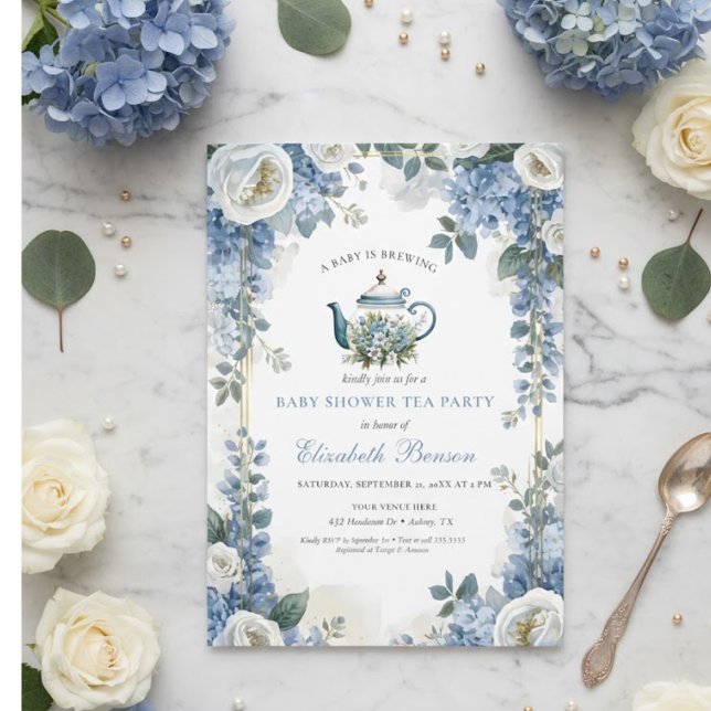 A Baby Is Brewing Blue Floral Shower Invitation (Creator Uploaded)