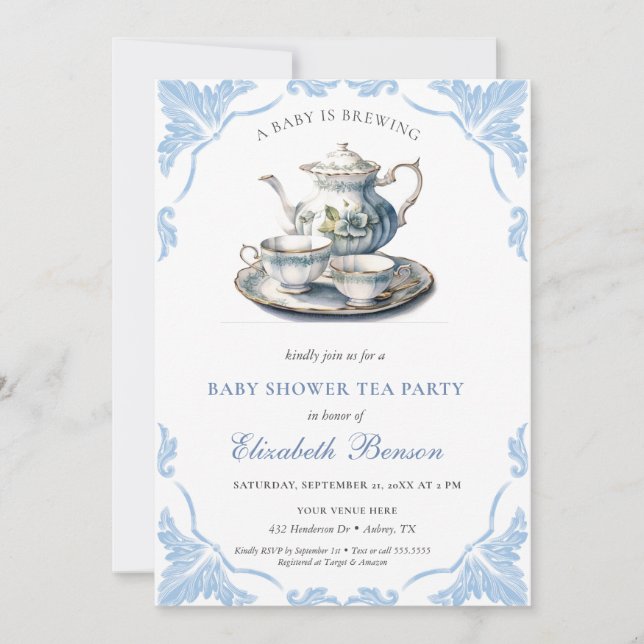 A Baby is Brewing blue Flower Baby Shower Tea Invitation (Front)