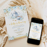 A Baby is Brewing Blue Gold Flower Baby Shower Tea Invitation<br><div class="desc">Tea party themed baby shower invite in blue and gold. Click the "customise further" button if you wish to re-arrange and format the style and placement of the text. Comes with a matching floral pattern backside.</div>