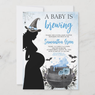 A Baby is Brewing Blue Halloween Baby Shower Invitation