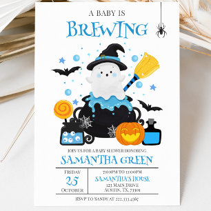 A Baby is Brewing Blue Halloween Baby Shower Invitation