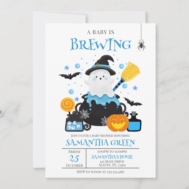 A Baby is Brewing Blue Halloween Baby Shower Invitation (Front)