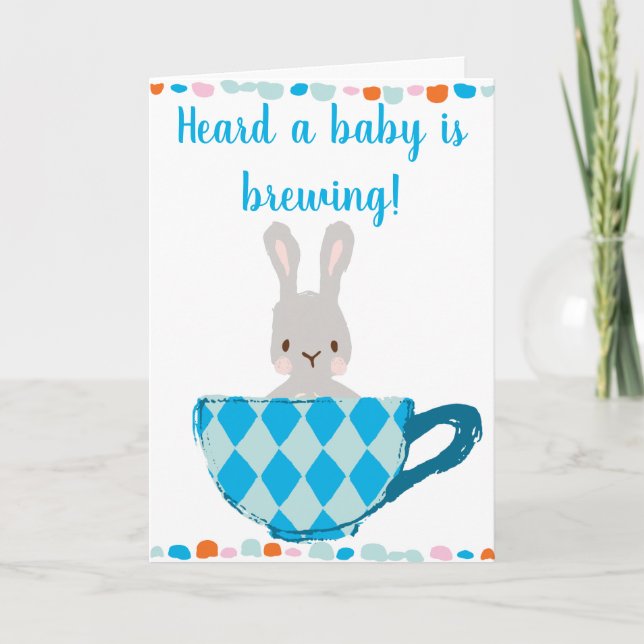 A Baby is Brewing Blue Teacup Baby Boy Shower Card (Front)