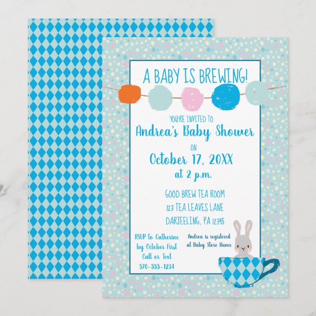 A Baby is Brewing Blue Teacup Baby Boy Shower Invitation (Front/Back)