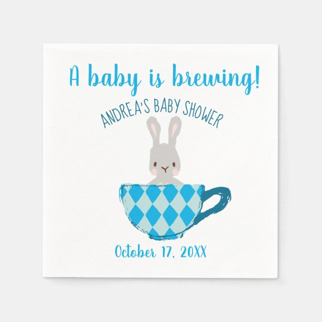 A Baby is Brewing Blue Teacup Baby Boy Shower Napkin (Front)