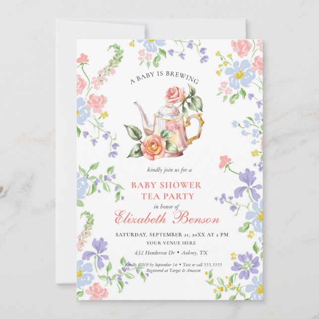 A Baby is Brewing Blush Flower Baby Shower Tea Inv Invitation (Front)