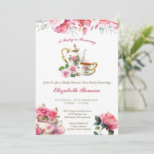 A Baby is Brewing Blush Flower Baby Shower Tea Inv Invitation