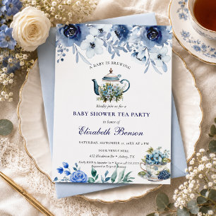 A Baby is Brewing Blush Flower Baby Shower Tea Inv Invitation