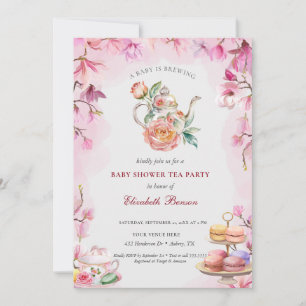 A Baby is Brewing Blush Flower Baby Shower Tea Invitation