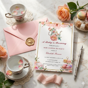A Baby is Brewing Blush Flower Baby Shower Tea Invitation