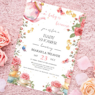 A Baby is Brewing Blush Flower Baby Shower Tea Invitation