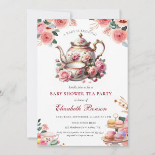 A Baby is Brewing Blush Flower Baby Shower Tea Invitation