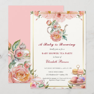 A Baby is Brewing Blush Flower Baby Shower Tea Invitation