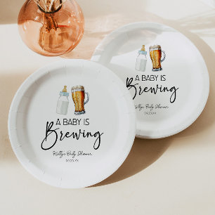 A Baby Is Brewing Bottle Beer Glass Baby Shower Paper Plate