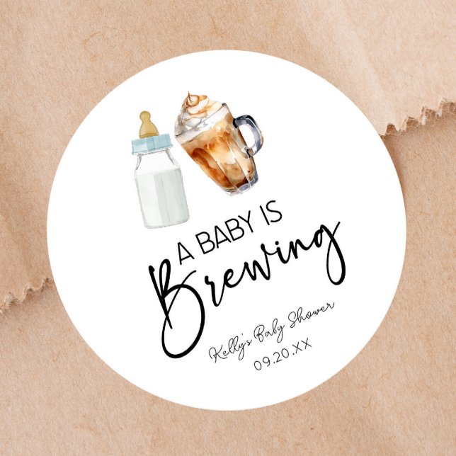 A Baby Is Brewing Bottle Coffee Glass Baby Shower Classic Round Sticker (Creator Uploaded)