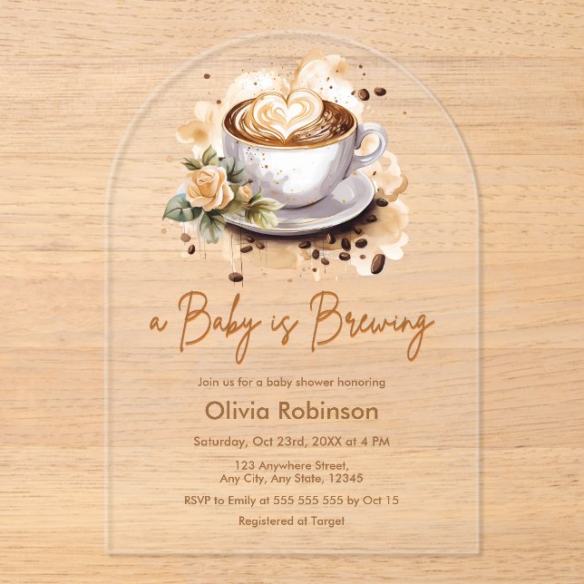 A Baby is Brewing Brown Coffee Baby Shower Acrylic Invitations (Front)