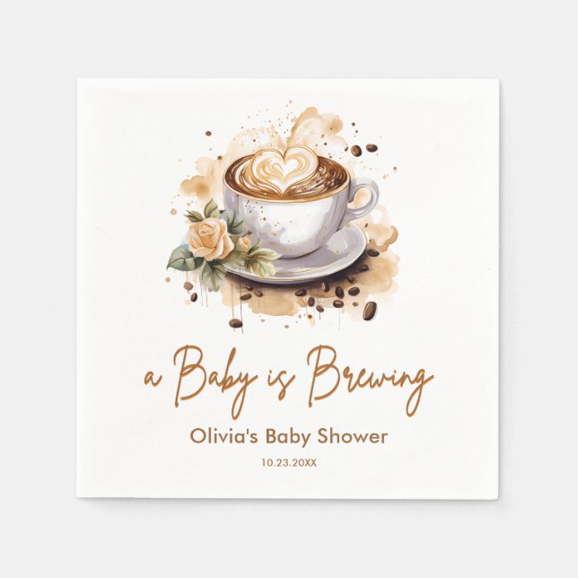 A Baby is Brewing Brown Coffee Baby Shower Napkin (Front)