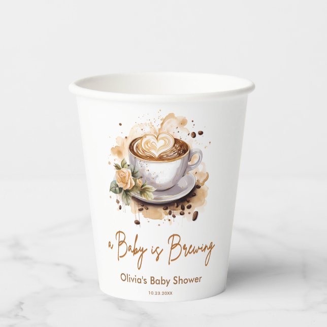 A Baby is Brewing Brown Coffee Baby Shower Paper Cups (Front)