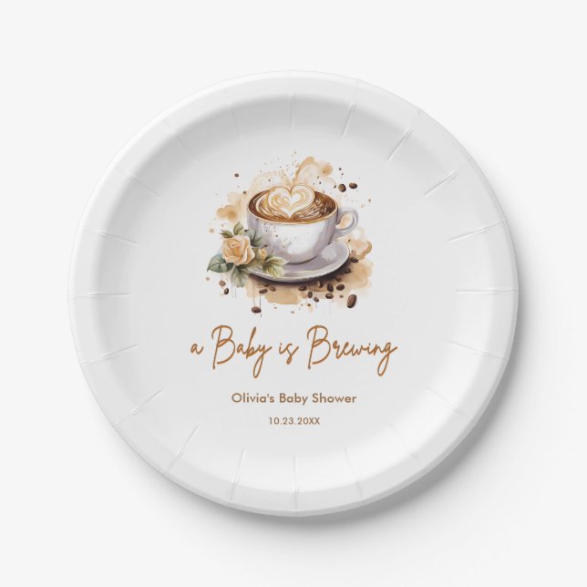 A Baby is Brewing Brown Coffee Baby Shower Paper Plate (Front)