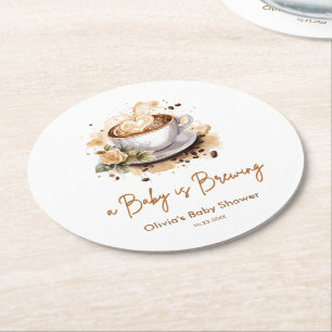 A Baby is Brewing Brown Coffee Baby Shower Round Paper Coaster