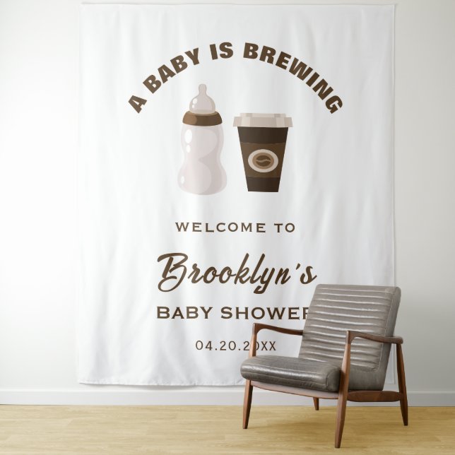 A Baby Is Brewing Brown White Baby Shower Backdrop Tapestry (In Situ)
