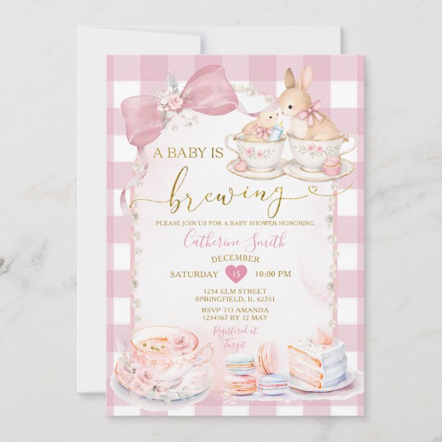 A Baby Is Brewing Bunny Teacup Girl Baby Shower  Invitation (Front)