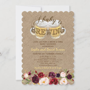 A Baby is BREWING Burlap Flowers BBQ Baby Shower Invitation