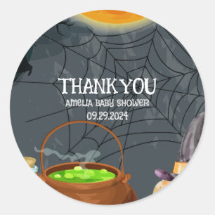 A baby is brewing cauldron halloween baby shower classic round sticker