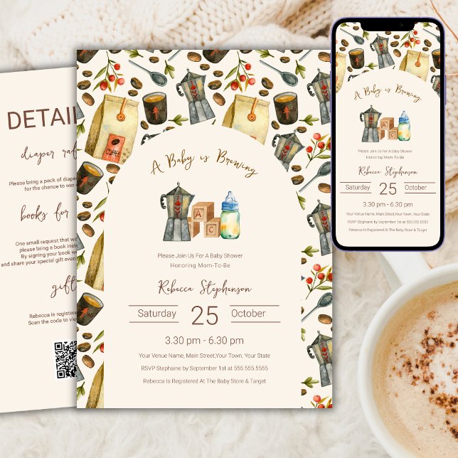 A Baby is Brewing Coffee Baby Shower QR Code  Invitation (Creator Uploaded)