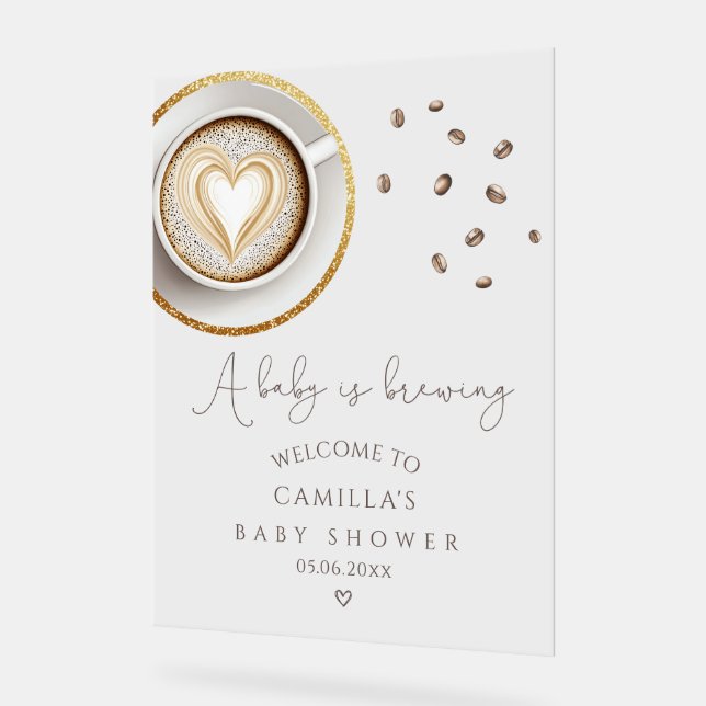 A Baby Is Brewing Coffee Baby Shower Welcome  Acrylic Sign (Angle)